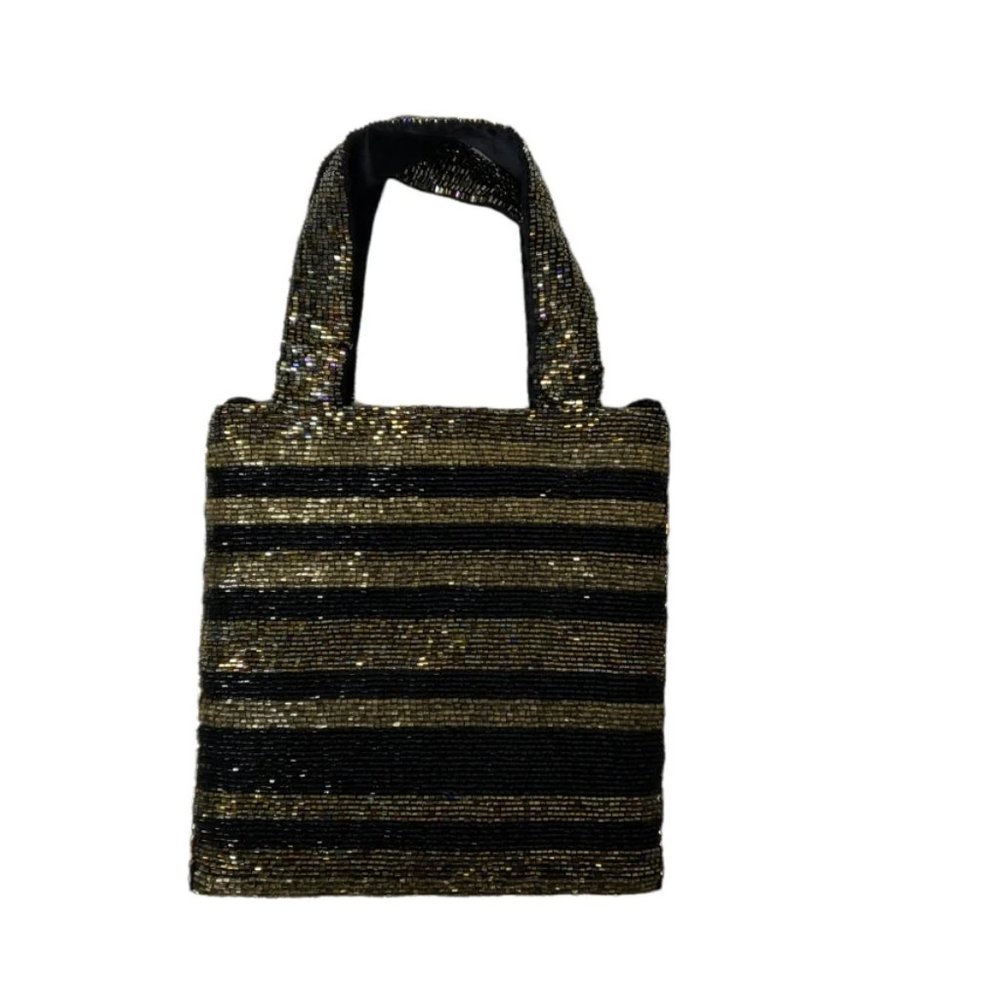 90s - 00s Valerie Stevens black and gold micro-beaded top handle / crossbody bag